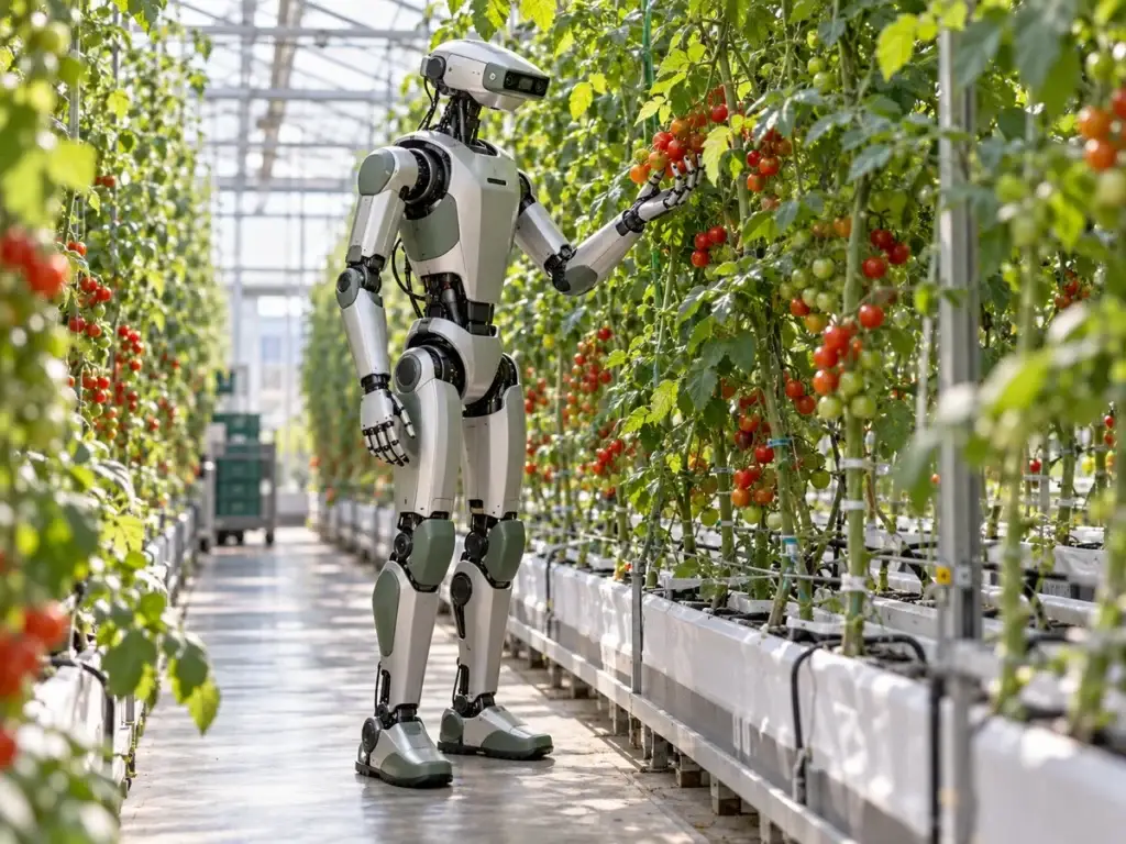 Humanoid robot inspecting greenhouse crops — conceptual illustration