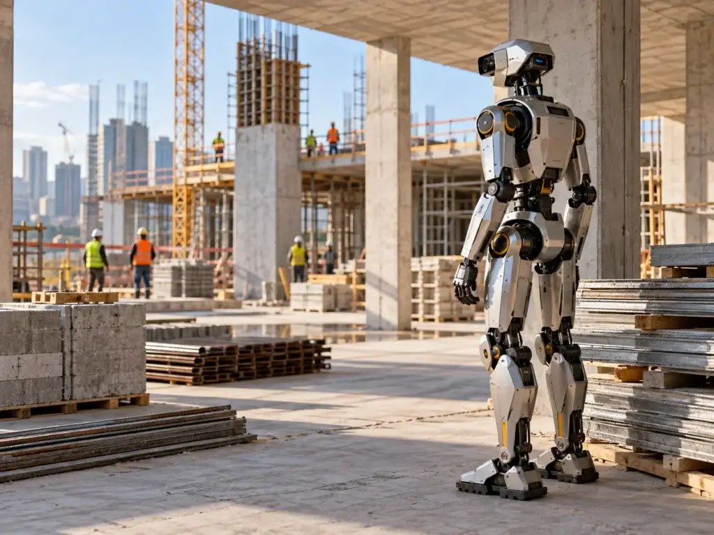 Humanoid robot inspecting a construction environment — conceptual illustration