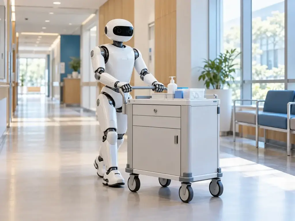 Humanoid support robot moving hospital supplies — conceptual illustration