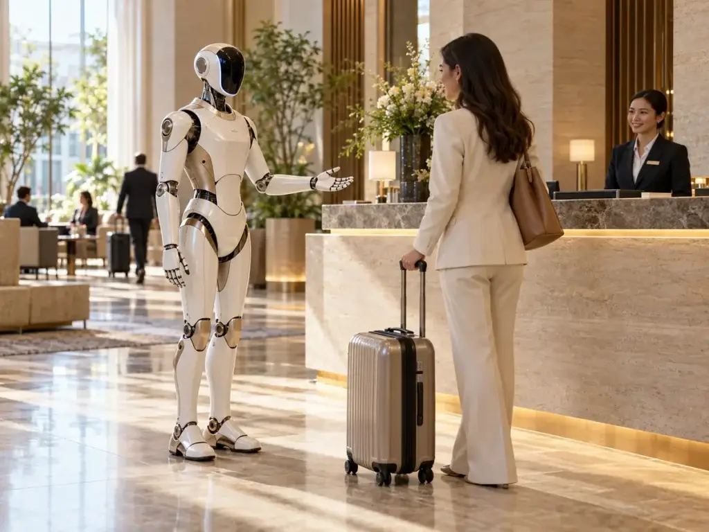 Humanoid service robot in a hotel lobby — conceptual illustration