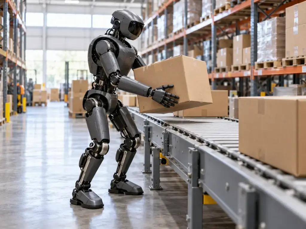 Humanoid robot handling a parcel in a warehouse — conceptual illustration