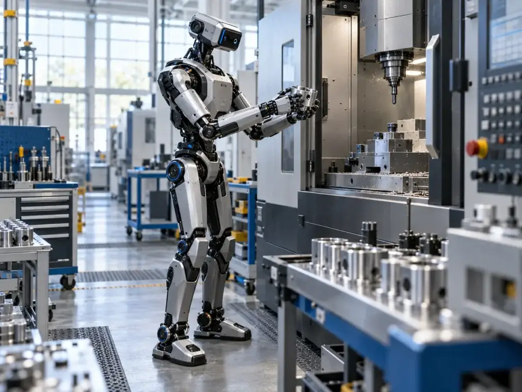 Humanoid robot tending a precision manufacturing machine — conceptual illustration
