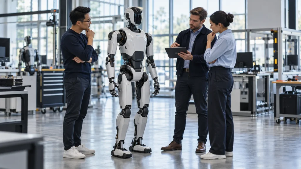 Professionals evaluating a humanoid robot for commercial deployment