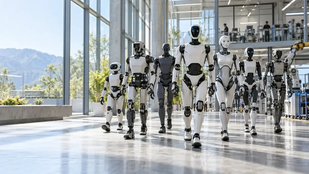 Diverse commercial humanoid robots representing the global humanoid robotics market — conceptual illustration