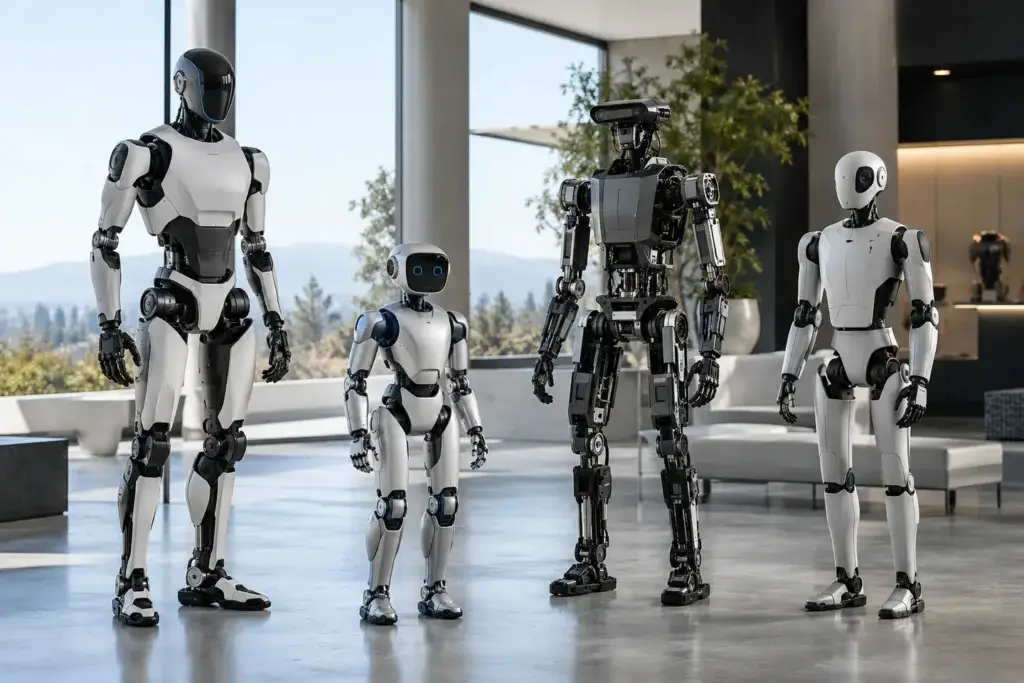 Commercial humanoid robots displayed in a modern robotics facility
