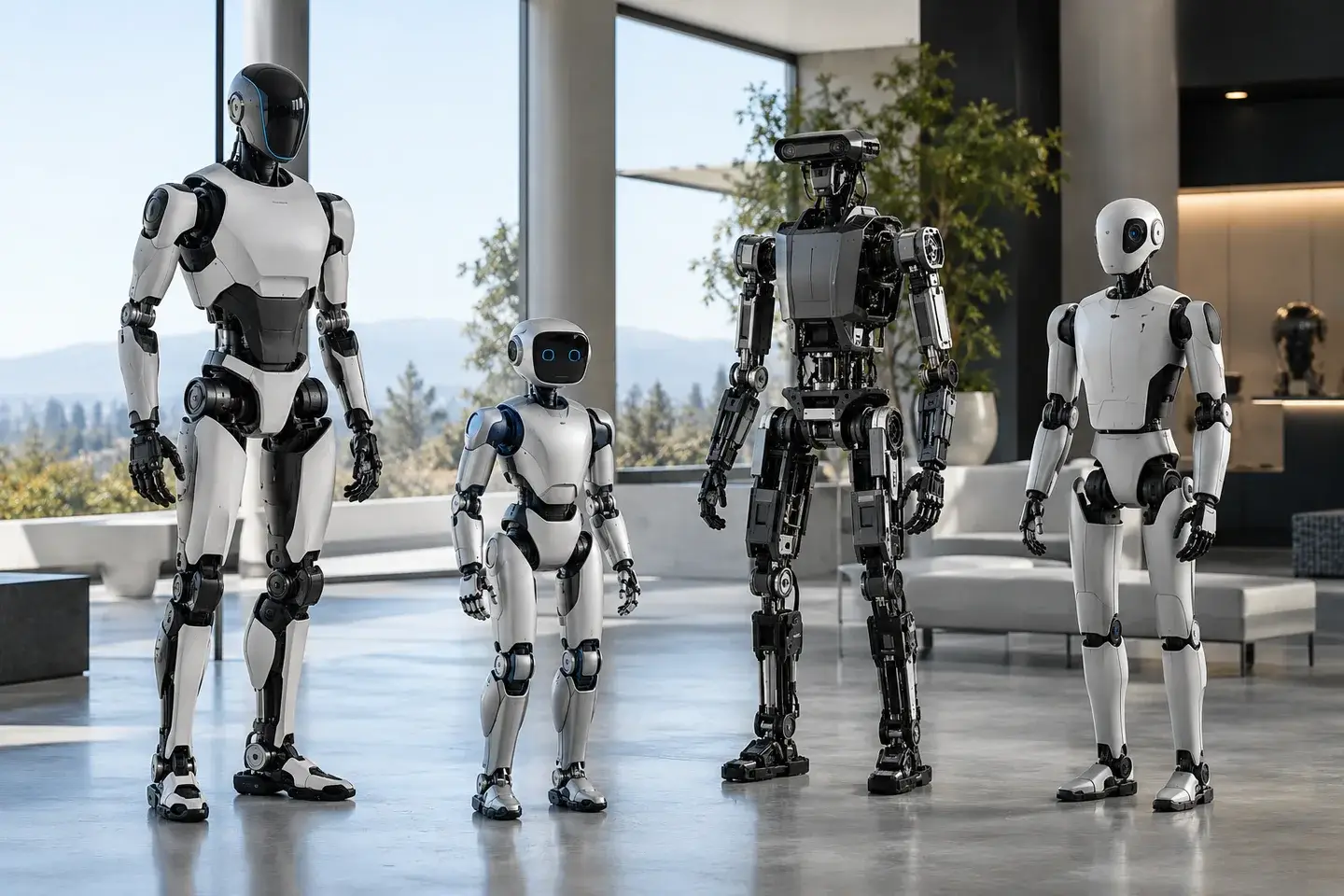 Commercial humanoid robots displayed in a modern robotics facility