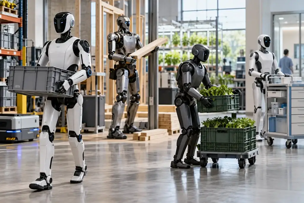 Humanoid robots shown across commercial and industrial applications