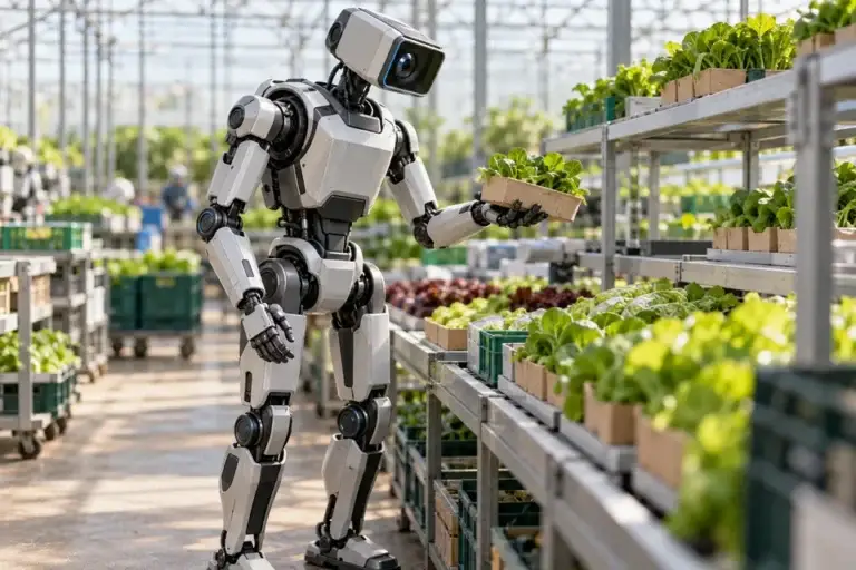 Conceptual humanoid robot examining produce in a greenhouse