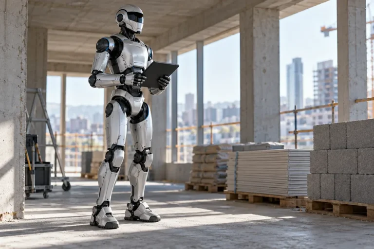 Conceptual humanoid robot inspecting a construction environment
