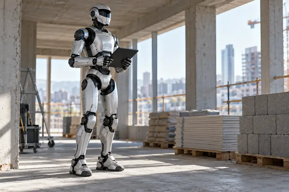 Conceptual humanoid robot inspecting a construction environment