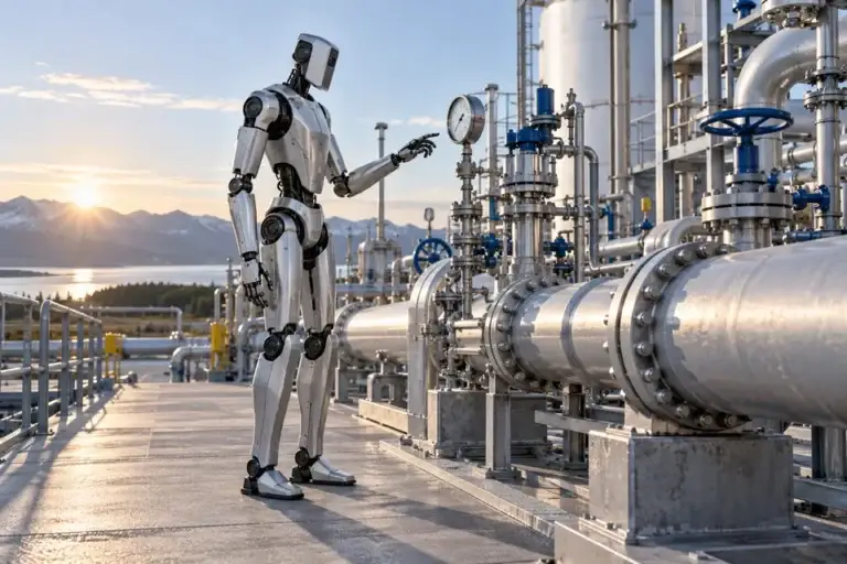 Conceptual humanoid robot examining energy infrastructure