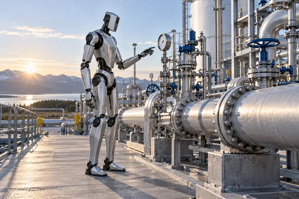 Conceptual humanoid robot examining energy infrastructure