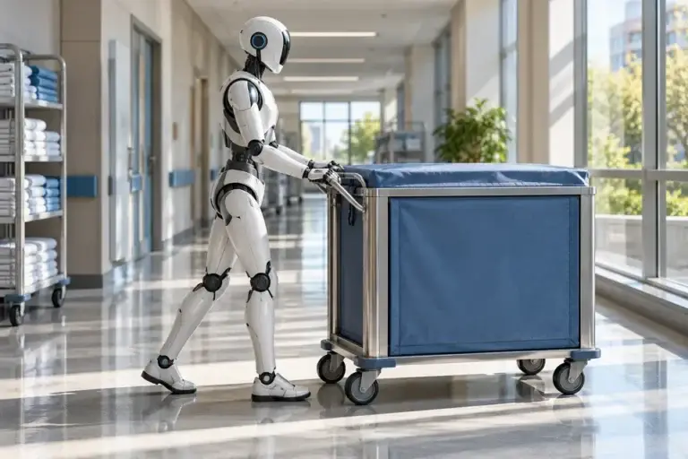 Conceptual humanoid robot supporting hospital supply logistics