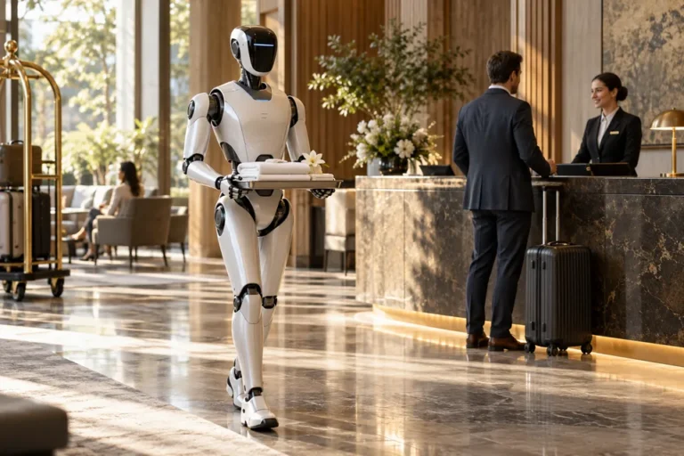 Conceptual humanoid robot in a hotel service environment