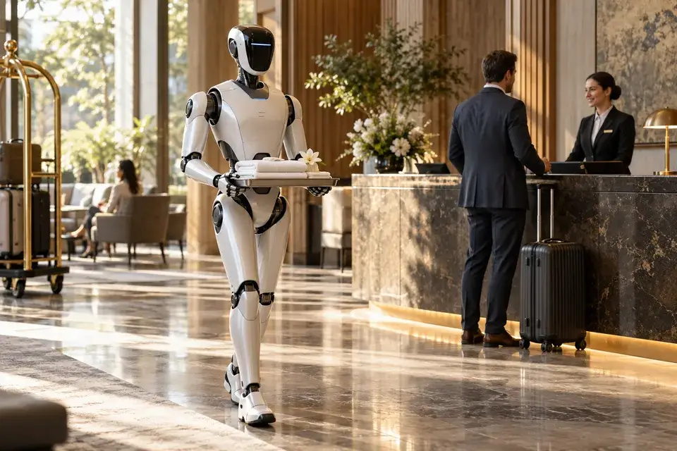 Conceptual humanoid robot in a hotel service environment