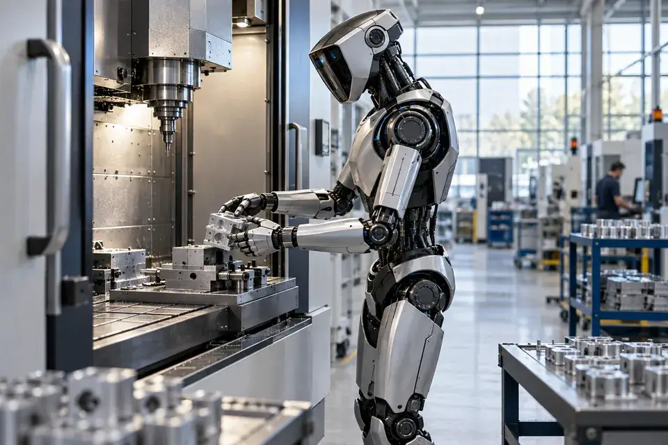 Conceptual humanoid robot beside manufacturing equipment