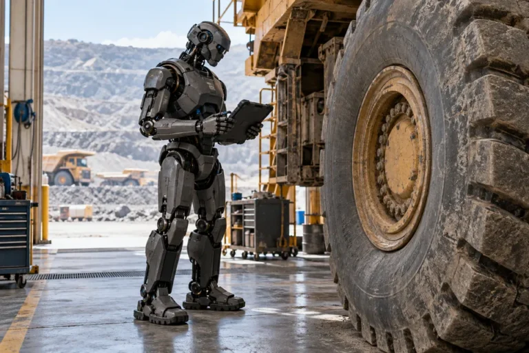 Conceptual humanoid robot inspecting equipment in a mining maintenance bay