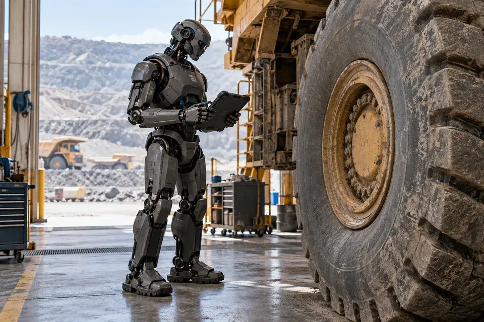 Conceptual humanoid robot inspecting equipment in a mining maintenance bay