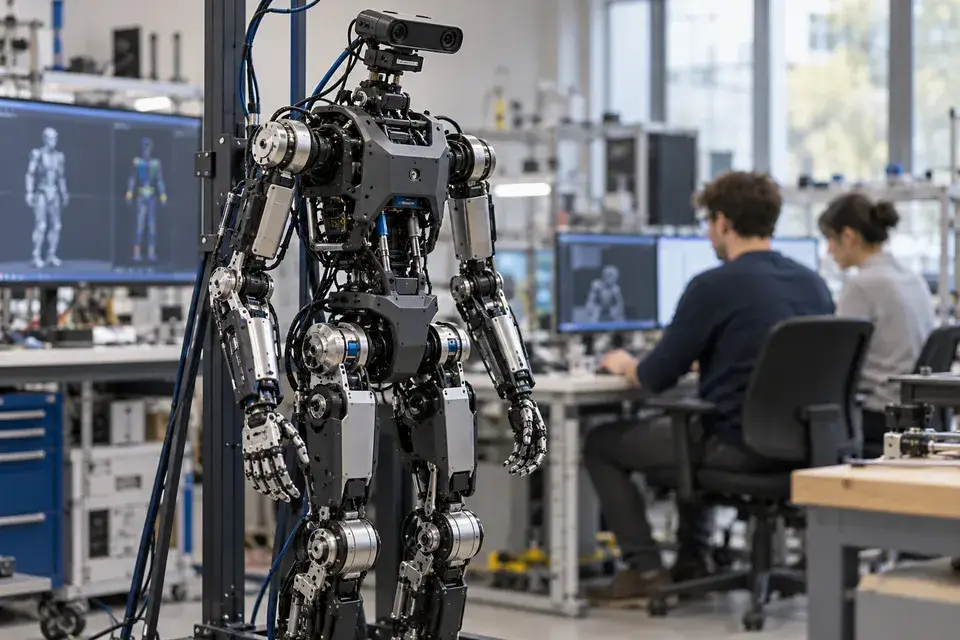 Conceptual humanoid research platform in a robotics laboratory