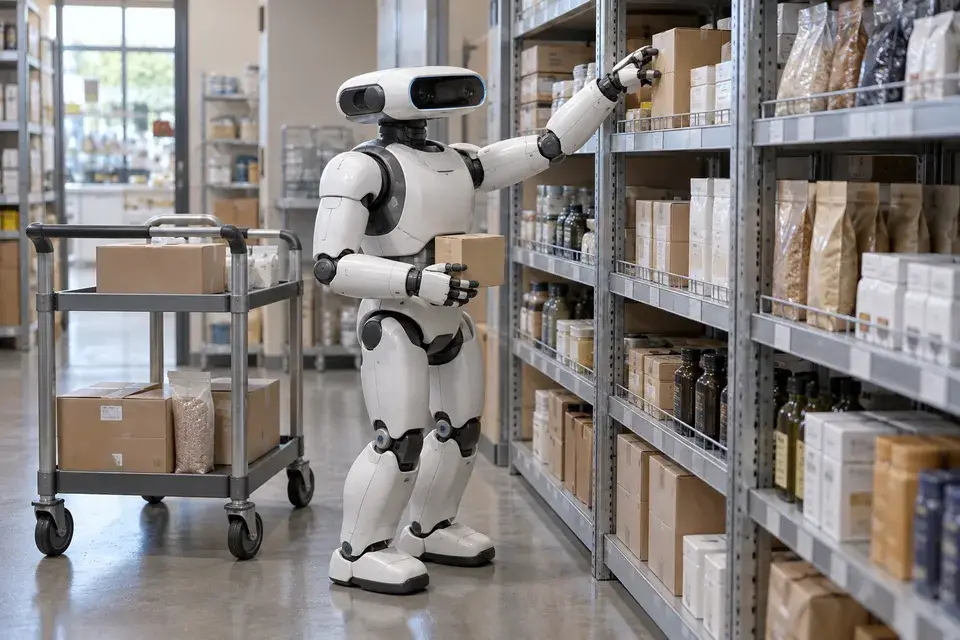 Conceptual humanoid robot supporting retail inventory handling