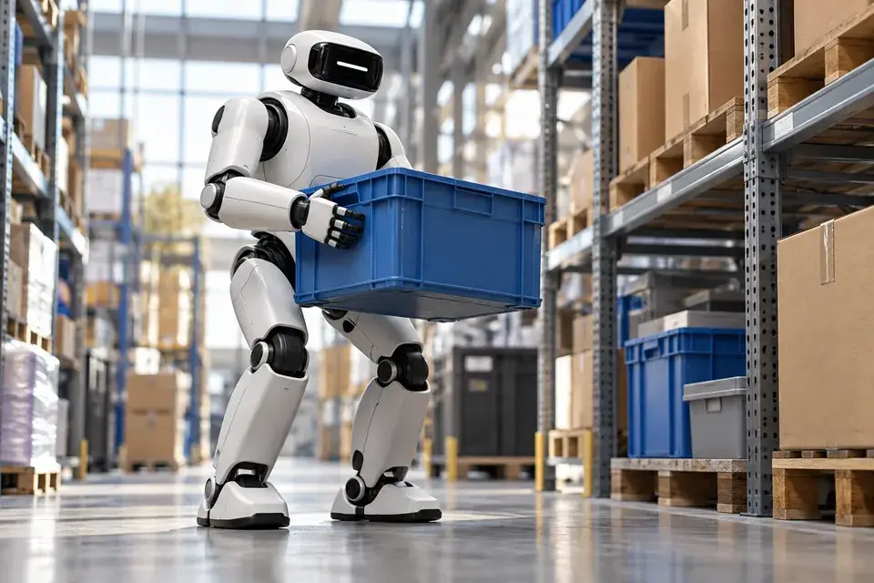 Conceptual humanoid robot handling a tote in a warehouse
