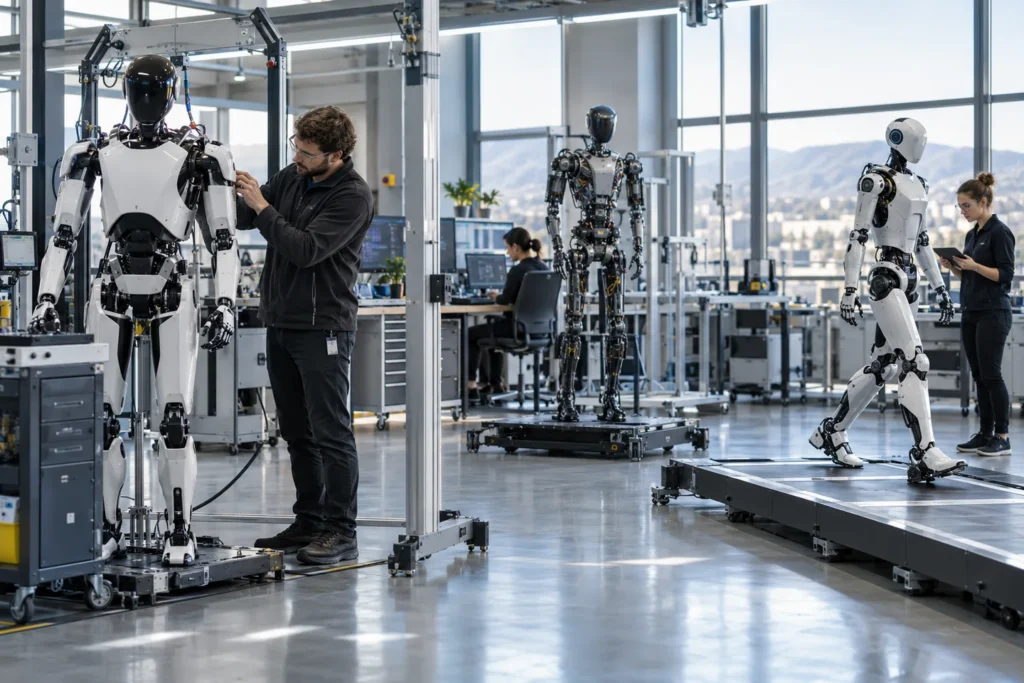 Humanoid robots undergoing development and testing in a robotics engineering facility