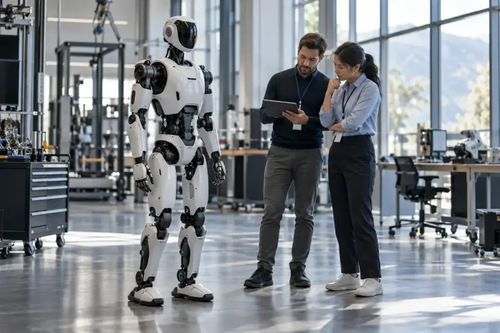 Professionals researching and evaluating humanoid robotics technology