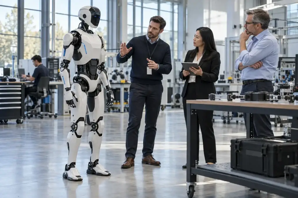 Professionals evaluating a humanoid robot for commercial deployment